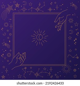 Astral celestial frame with stars, hands, sun, moon phases, and copy space. Mystic design. Ornate magical banner with a place for text. Linear geometric border