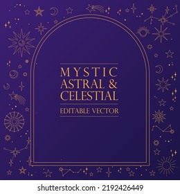 Astral celestial frame with stars, hands, sun, moon phases, and copy space. Mystic design. Ornate magical banner with a place for text. Linear geometric border