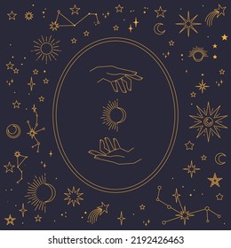 Astral celestial frame with stars, hands, sun, moon phases, and copy space. Mystic design. Ornate magical banner with a place for text. Linear geometric border