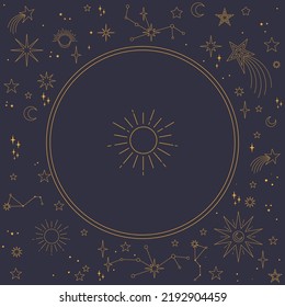 Astral celestial frame with stars, hands, sun, moon phases, and copy space. Mystic design. Ornate magical banner with a place for text. Linear geometric border