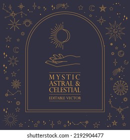 Astral celestial frame with stars, hands, sun, moon phases, and copy space. Mystic design. Ornate magical banner with a place for text. Linear geometric border