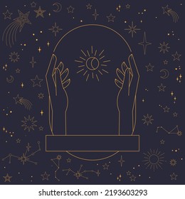 Astral celestial frame with stars, hands, sun, moon phases, and copy space. Mystic design. Ornate magical banner with a place for text. Linear geometric border