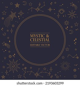 Astral celestial frame with stars, hands, sun, moon phases, and copy space. Mystic design. Ornate magical banner with a place for text. Linear geometric border