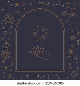 Astral celestial frame with stars, hands, sun, moon phases, and copy space. Mystic design. Ornate magical banner with a place for text. Linear geometric border