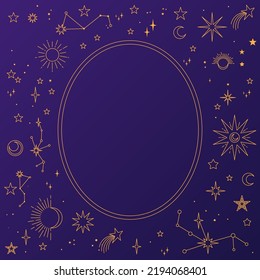 Astral celestial frame with stars, hands, sun, moon phases, and copy space. Mystic design. Ornate magical banner with a place for text. Linear geometric border