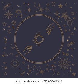 Astral celestial frame with stars, hands, sun, moon phases, and copy space. Mystic design. Ornate magical banner with a place for text. Linear geometric border