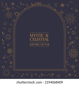 Astral celestial frame with stars, hands, sun, moon phases, and copy space. Mystic design. Ornate magical banner with a place for text. Linear geometric border