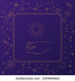 Astral celestial frame with stars, hands, sun, moon phases, and copy space. Mystic design. Ornate magical banner with a place for text. Linear geometric border