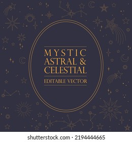 Astral celestial frame with stars, hands, sun, moon phases, and copy space. Mystic design. Ornate magical banner with a place for text. Linear geometric border