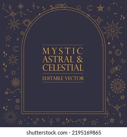 Astral celestial frame with stars, hands, sun, moon phases, and copy space. Mystic design. Ornate magical banner with a place for text. Linear geometric border