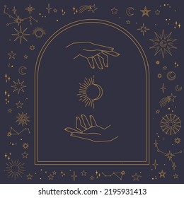 Astral celestial frame with stars, hands, sun, moon phases, and copy space. Mystic design. Ornate magical banner with a place for text. Linear geometric border