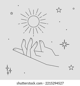 Astral celestial frame with stars, hands, sun, moon phases, and copy space. Mystic design. Ornate magical banner with a place for text. Linear geometric border