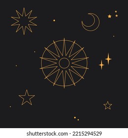 Astral celestial frame with stars, hands, sun, moon phases, and copy space. Mystic design. Ornate magical banner with a place for text. Linear geometric border