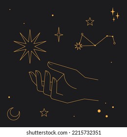 Astral celestial frame with stars, hands, sun, moon phases, and copy space. Mystic design. Ornate magical banner with a place for text. Linear geometric border