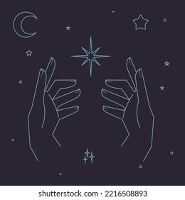 Astral celestial frame with stars, hands, sun, moon phases, and copy space. Mystic design. Ornate magical banner with a place for text. Linear geometric border