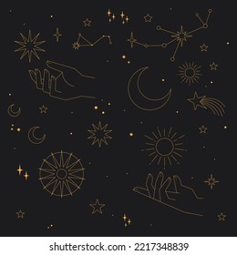 Astral celestial frame with stars, hands, sun, moon phases, and copy space. Mystic design. Ornate magical banner with a place for text. Linear geometric border