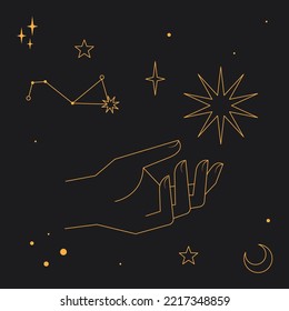 Astral celestial frame with stars, hands, sun, moon phases, and copy space. Mystic design. Ornate magical banner with a place for text. Linear geometric border