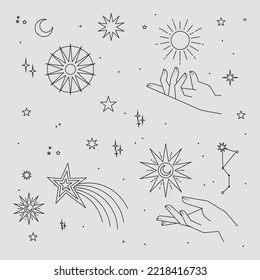 Astral celestial frame with stars, hands, sun, moon phases, and copy space. Mystic design. Ornate magical banner with a place for text. Linear geometric border