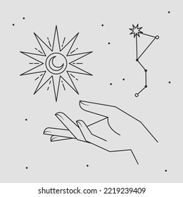 Astral celestial frame with stars, hands, sun, moon phases, and copy space. Mystic design. Ornate magical banner with a place for text. Linear geometric border