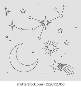 Astral celestial frame with stars, hands, sun, moon phases, and copy space. Mystic design. Ornate magical banner with a place for text. Linear geometric border