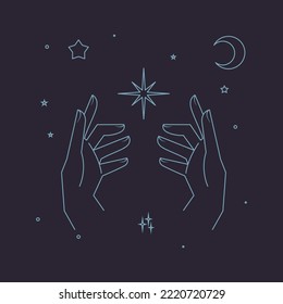 Astral celestial frame with stars, hands, sun, moon phases, and copy space. Mystic design. Ornate magical banner with a place for text. Linear geometric border