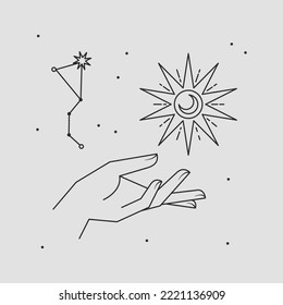 Astral celestial frame with stars, hands, sun, moon phases, and copy space. Mystic design. Ornate magical banner with a place for text. Linear geometric border