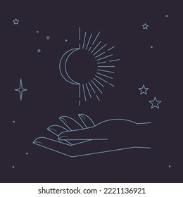 Astral celestial frame with stars, hands, sun, moon phases, and copy space. Mystic design. Ornate magical banner with a place for text. Linear geometric border