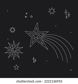 Astral celestial frame with stars, hands, sun, moon phases, and copy space. Mystic design. Ornate magical banner with a place for text. Linear geometric border