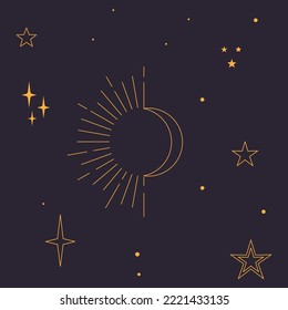 Astral celestial frame with stars, hands, sun, moon phases, and copy space. Mystic design. Ornate magical banner with a place for text. Linear geometric border