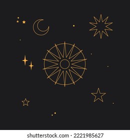 Astral celestial frame with stars, hands, sun, moon phases, and copy space. Mystic design. Ornate magical banner with a place for text. Linear geometric border