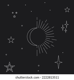 Astral celestial frame with stars, hands, sun, moon phases, and copy space. Mystic design. Ornate magical banner with a place for text. Linear geometric border