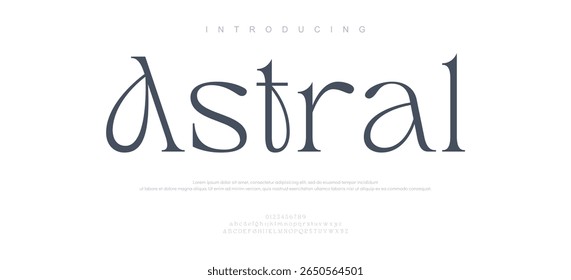 Astral elegante fonte maiúscula minúscula e número. Clássico Lettering minimal Fashion Designs. Tipografia modernas fontes serif conceito vintage decorativo regular. ilustração vetorial