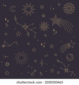 Astral elements vector design. Cosmic, celestial background. Stars, planets, sun, cosmos linear icons.