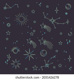 Astral elements vector design. Cosmic, celestial background. Stars, planets, sun, cosmos linear icons.