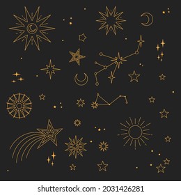 Astral elements vector design. Cosmic, celestial background. Stars, planets, sun, cosmos linear icons.