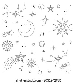 Astral elements vector design. Cosmic, celestial background. Stars, planets, sun, cosmos linear icons.