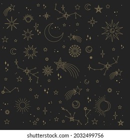 Astral elements vector design. Cosmic, celestial background. Stars, planets, sun, cosmos linear icons.