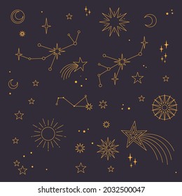 Astral elements vector design. Cosmic, celestial background. Stars, planets, sun, cosmos linear icons.