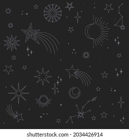 Astral elements vector design. Cosmic, celestial background. Stars, planets, sun, cosmos linear icons.