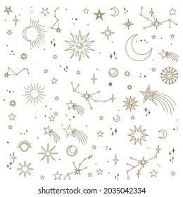 Astral elements vector design. Cosmic, celestial background. Stars, planets, sun, cosmos linear icons.