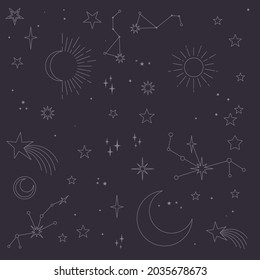 Astral elements vector design. Cosmic, celestial background. Stars, planets, sun, cosmos linear icons.