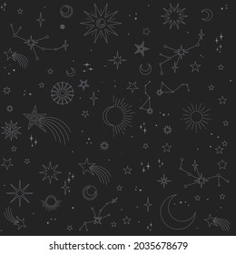 Astral elements vector design. Cosmic, celestial background. Stars, planets, sun, cosmos linear icons.