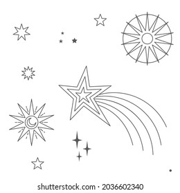 Astral elements vector design. Cosmic, celestial background. Stars, planets, sun, cosmos linear icons.