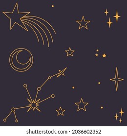 Astral elements vector design. Cosmic, celestial background. Stars, planets, sun, cosmos linear icons.