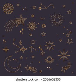 Astral elements vector design. Cosmic, celestial background. Stars, planets, sun, cosmos linear icons.