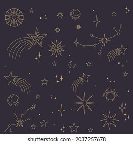 Astral elements vector design. Cosmic, celestial background. Stars, planets, sun, cosmos linear icons.