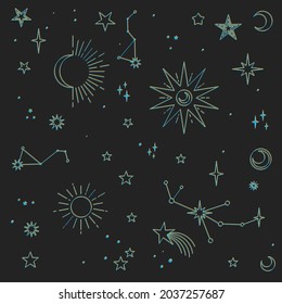 Astral elements vector design. Cosmic, celestial background. Stars, planets, sun, cosmos linear icons.