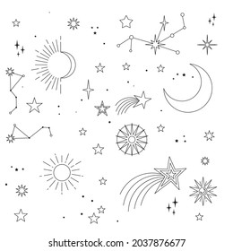 Astral elements vector design. Cosmic, celestial background. Stars, planets, sun, cosmos linear icons.