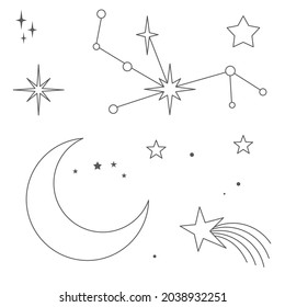 Astral elements vector design. Cosmic, celestial background. Stars, planets, sun, cosmos linear icons.