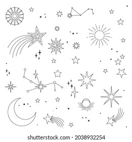 Astral elements vector design. Cosmic, celestial background. Stars, planets, sun, cosmos linear icons.